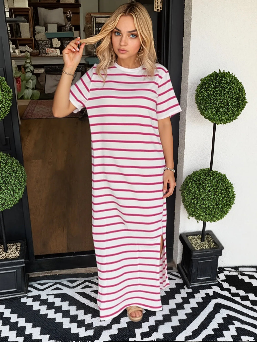 Full Size Striped T-Shirt Maxi Dress with Side Slit Plus Size