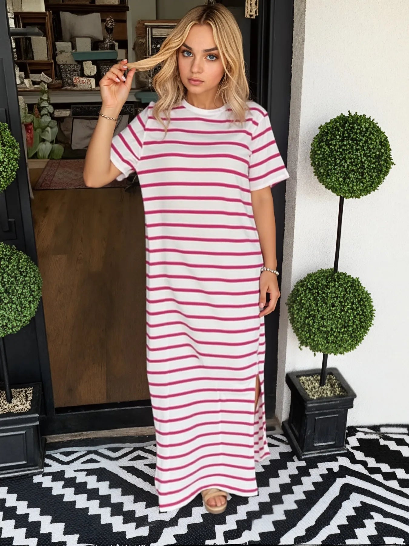 Full Size Striped T-Shirt Maxi Dress with Side Slit Plus Size