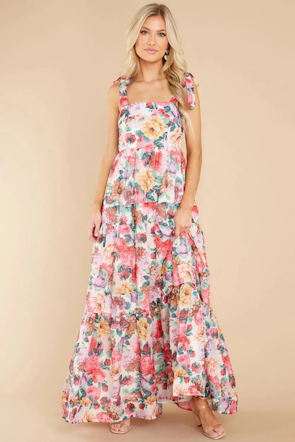 Floral Square Neck Wide Strap Maxi Dress Multicolor