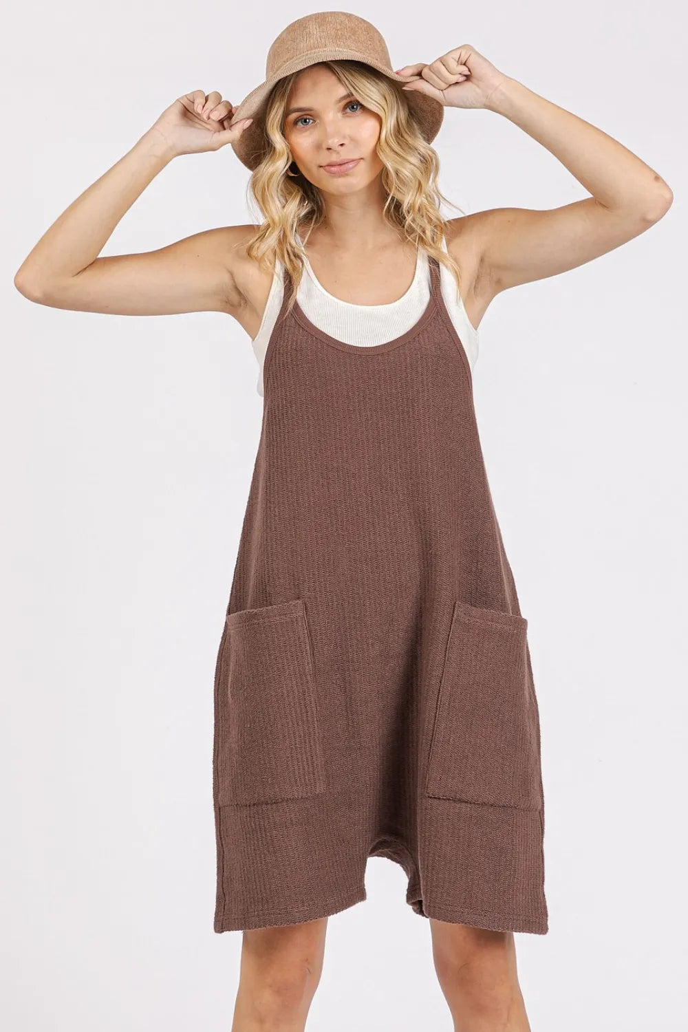 Mittoshop Scoop Neck Spaghetti Strap Overalls with Pockets Brown