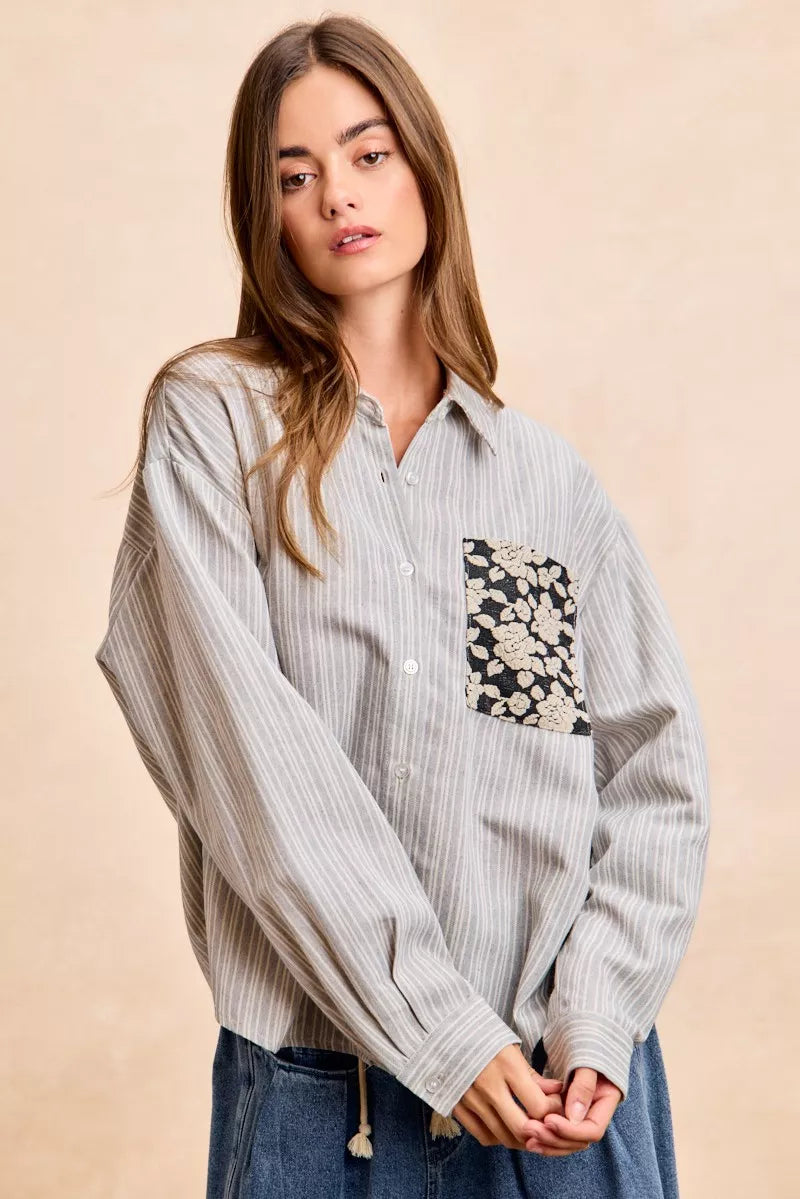 women's bibi flower jacquard knit patch pocket stripe shirt - extra view
