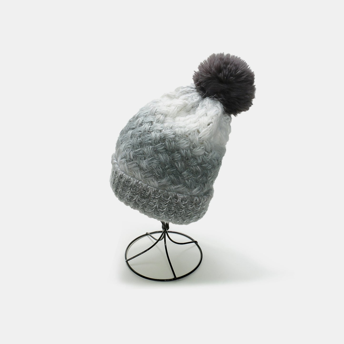 Gradient Knit Hat with Pompom Gray One Size