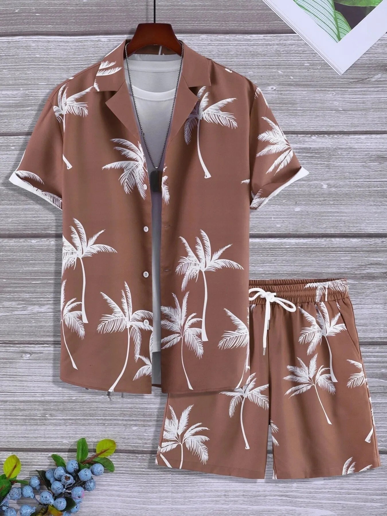 men's men's full size palm print button up shirt and shorts set plus size - product detail