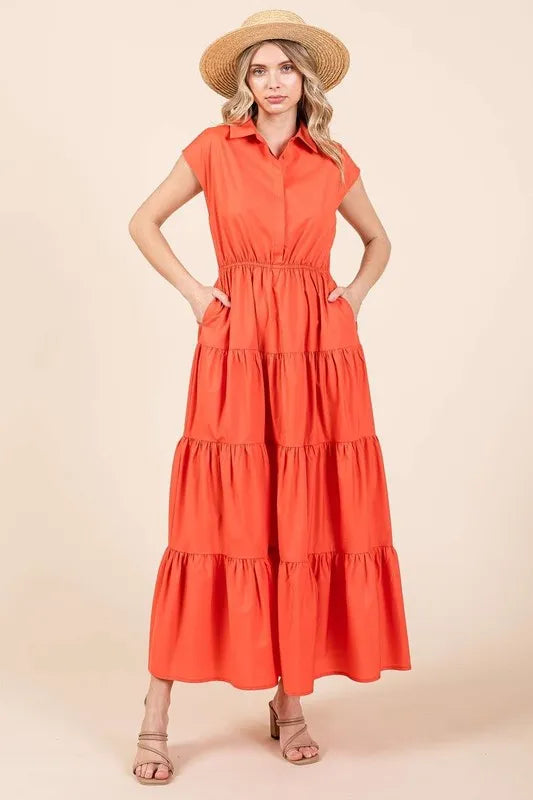 Mittoshop Button Up Collared Tiered Maxi Shirt Dress Orange