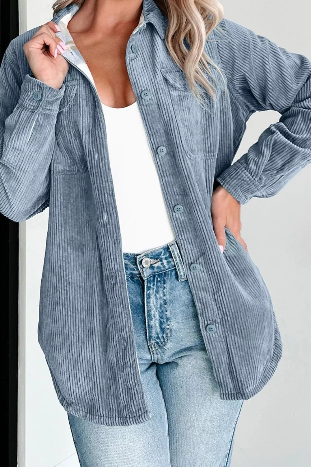 women's corduroy plaid button-up shacket - styling option