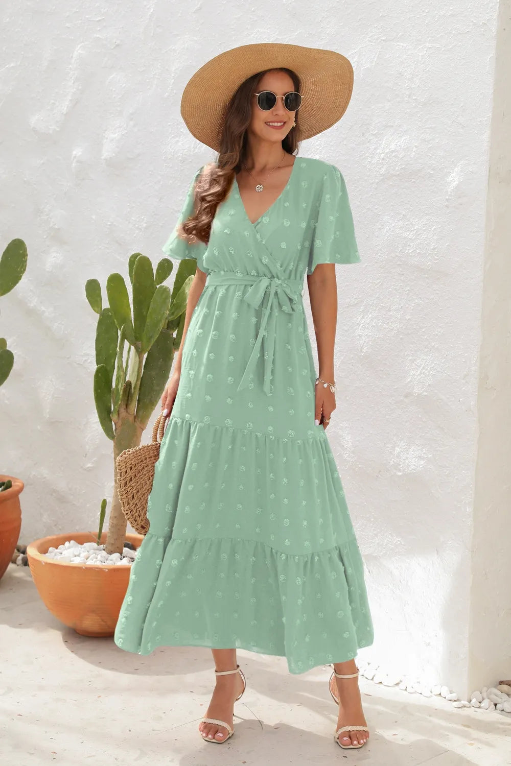 Swiss Dot Tied Surplice Short Sleeve Dress Light Green