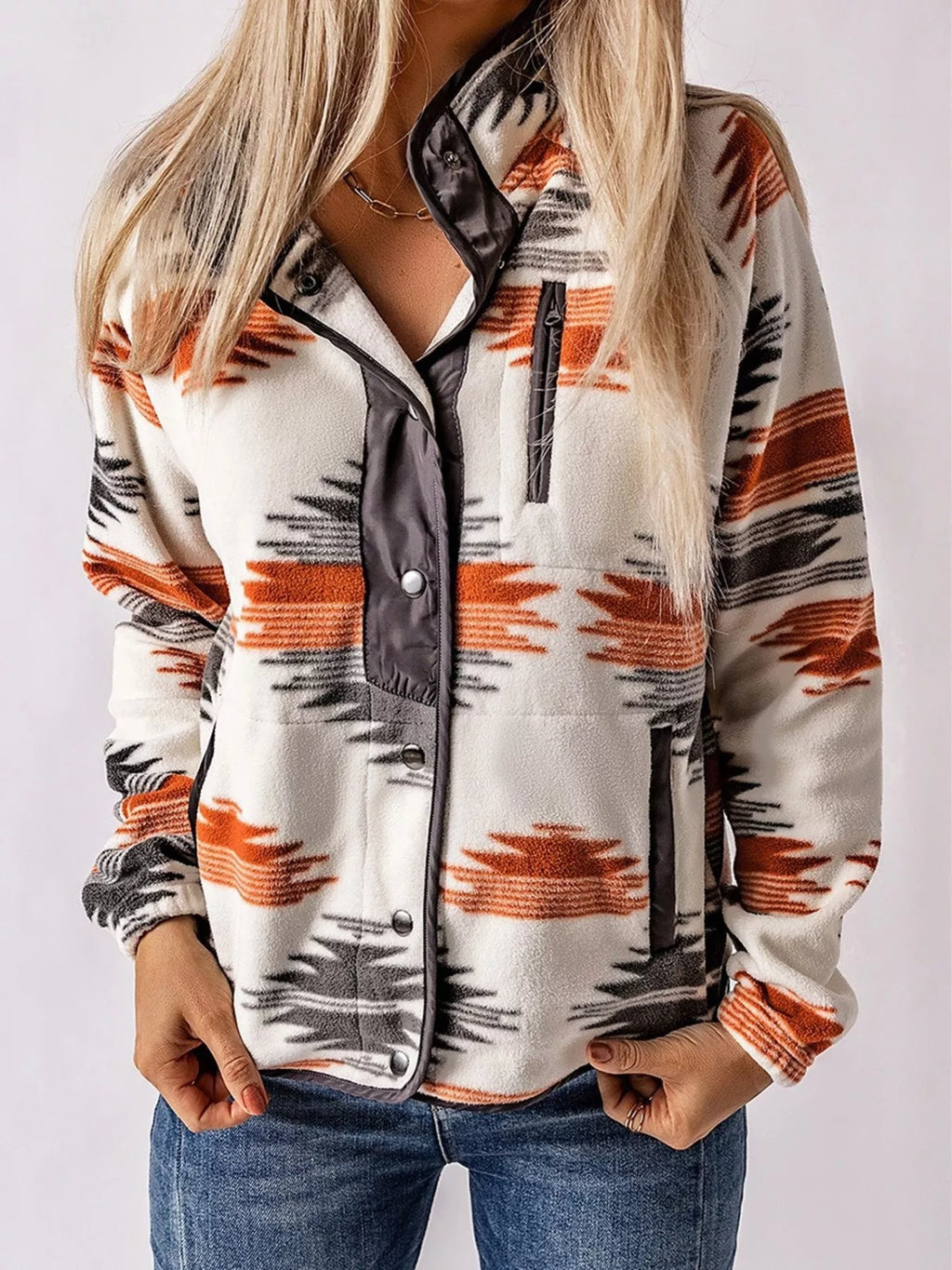 women's geometric snap down jacket - front view