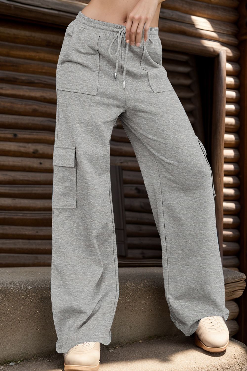 Drawstring Active Pants with Pockets Gray