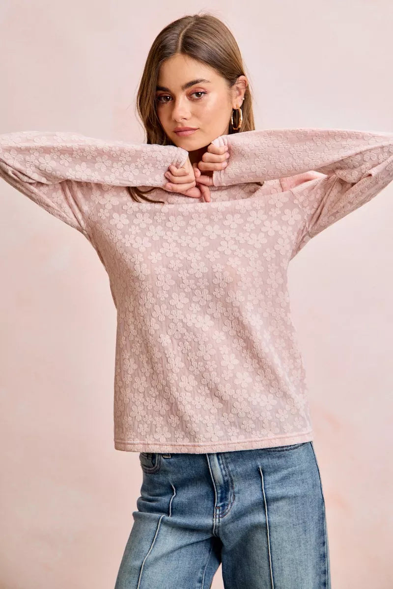 women's bibi textured flower knit puff shoulder top - back view