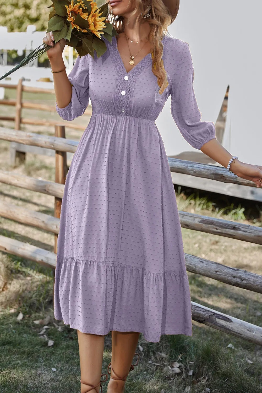 Devine Lace Detail V-Neck Midi Dress Lavender