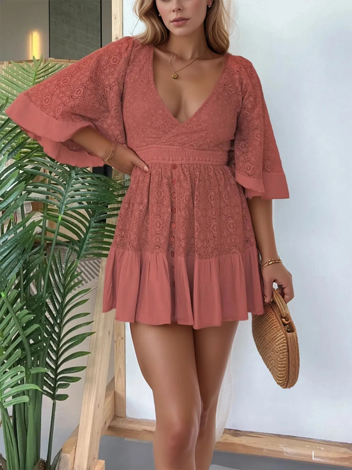 Full Size Lace Cutout Back Half Sleeve Mini Dress Plus Size Peacock Blue