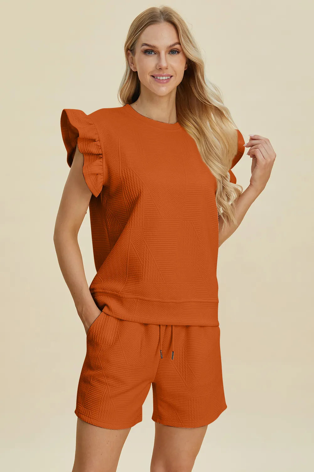 Double Take Full Size Texture Round Neck Ruffle Sleeve Top and Shorts Set Tangerine