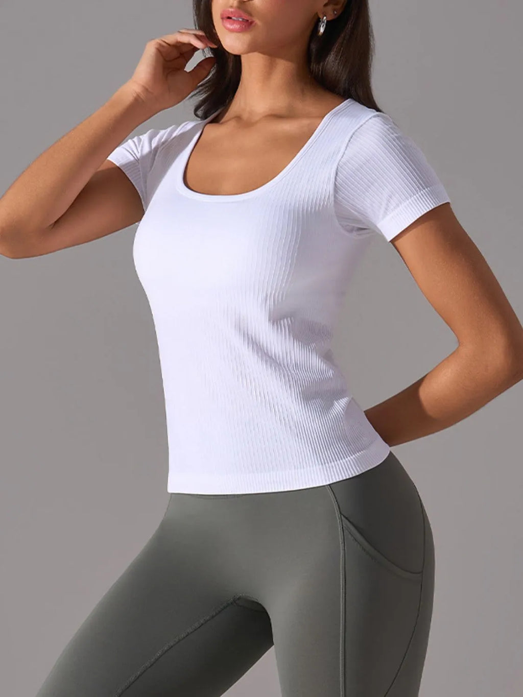 women's square neck active t-shirt with detachable chest pads - detail shot