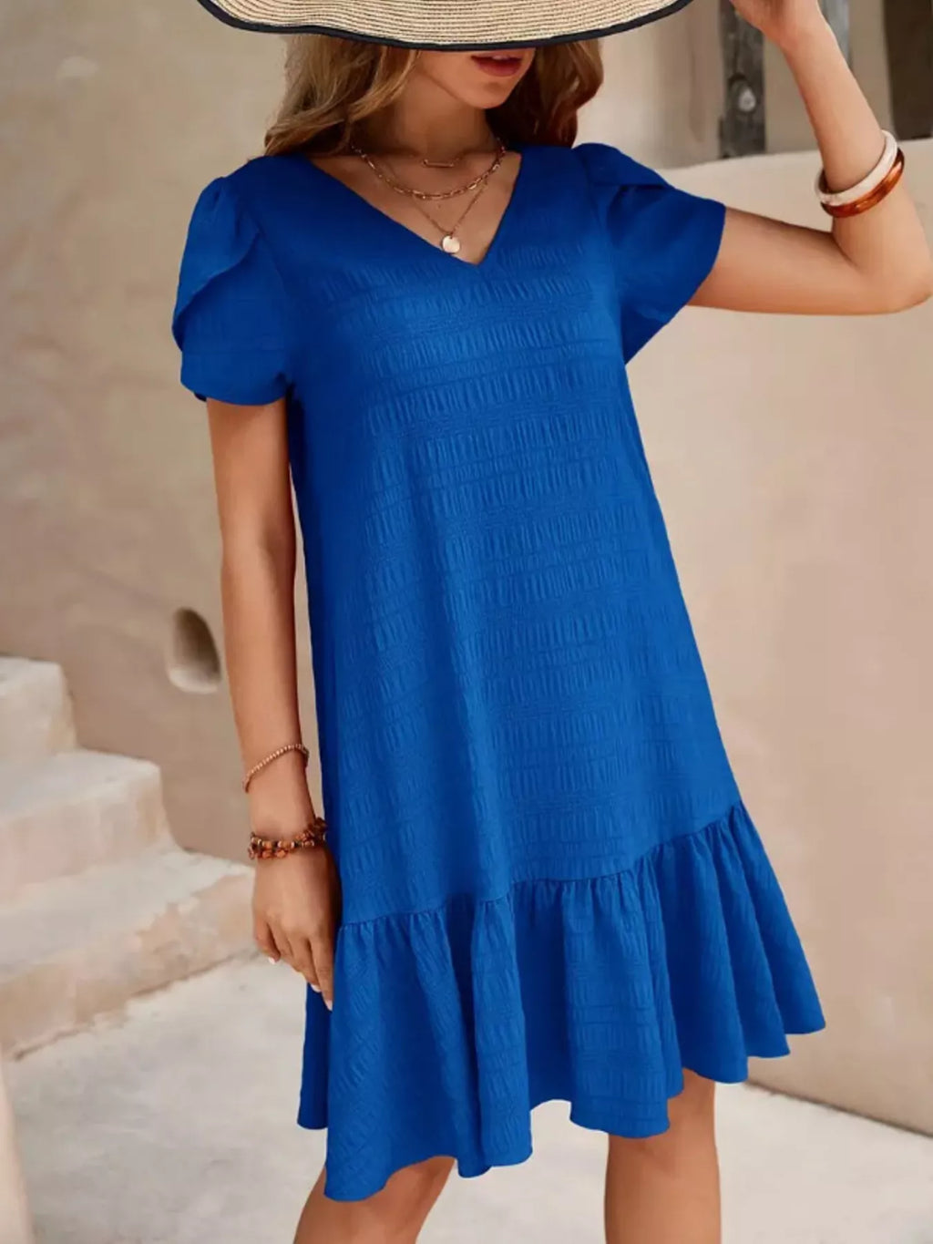women's v-neck ruffle hem textured mini dress - styled view