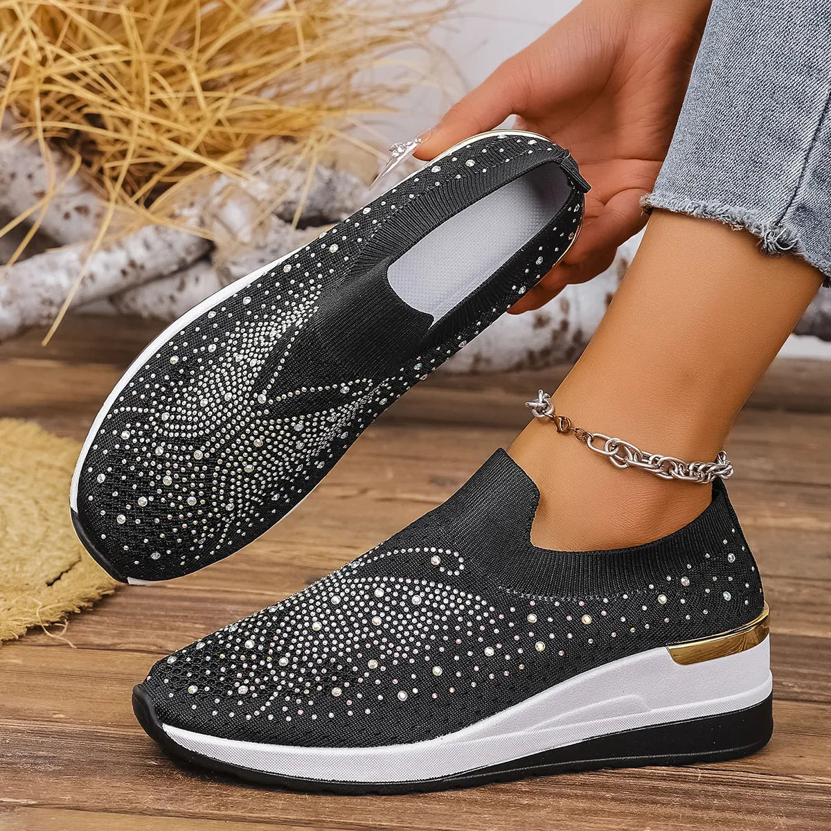 women's rhinestone wedge sneakers - alternate angle