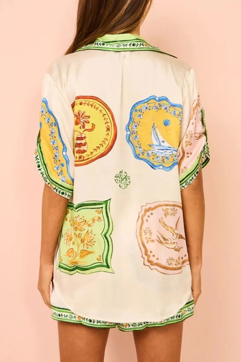 Printed Short Sleeve Button Down Top and Shorts Set