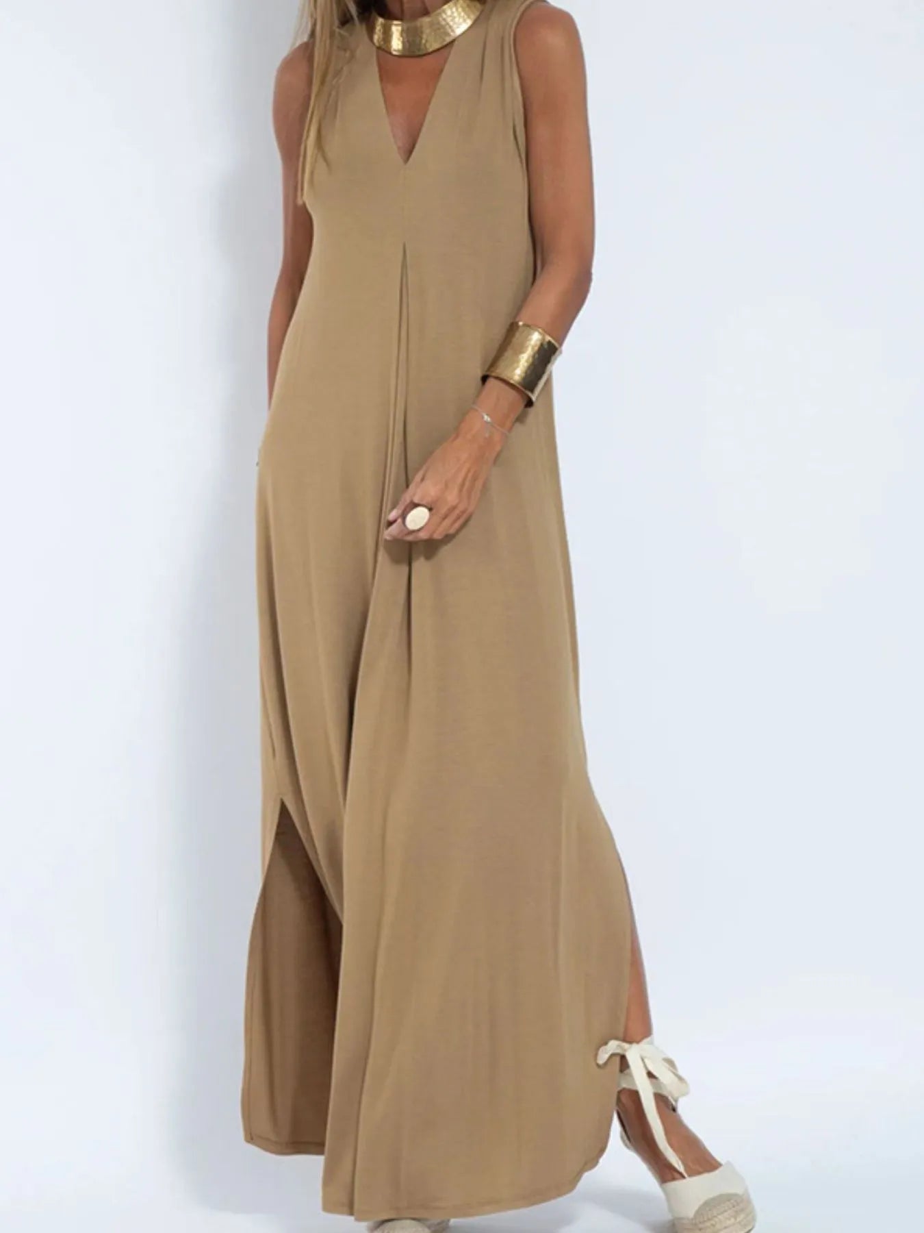 Full Size V-Neck Sleeveless Maxi Dress with Slit Plus Size Camel