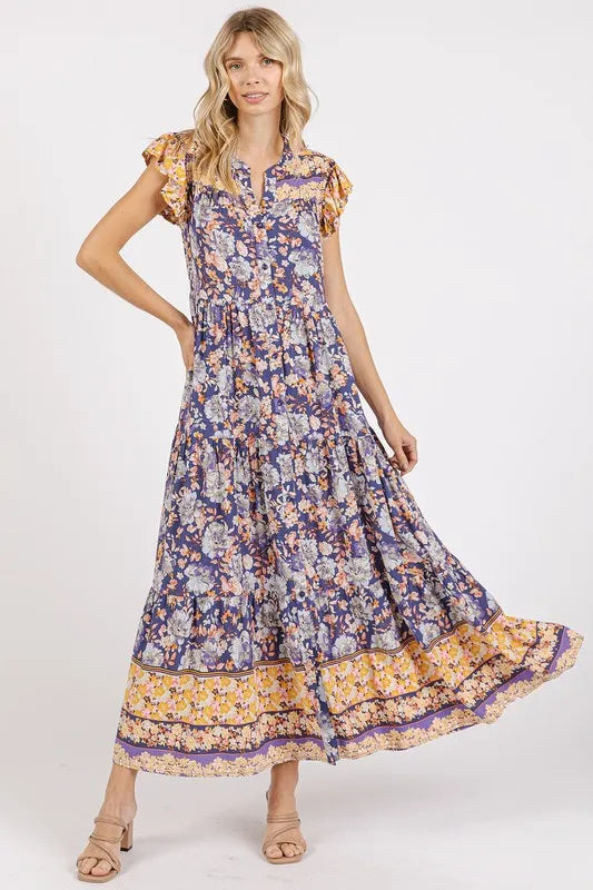 Mittoshop Floral Ruffled Notched Cap Sleeve Maxi Dress Peacock Blue