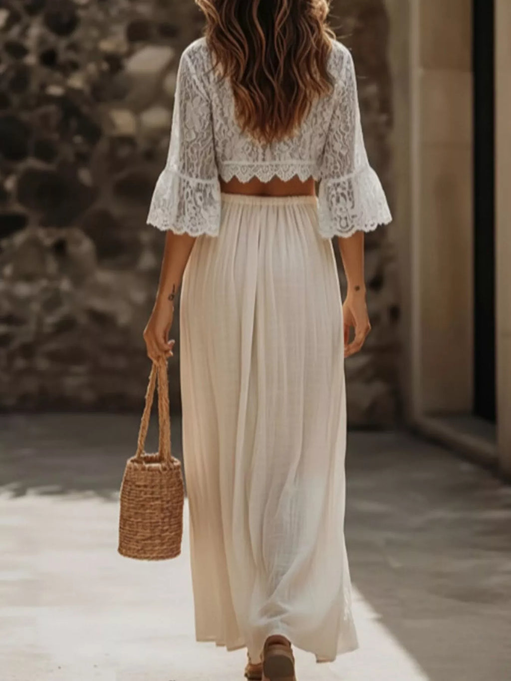 women's lace crop top and slit maxi skirt set - alternate angle
