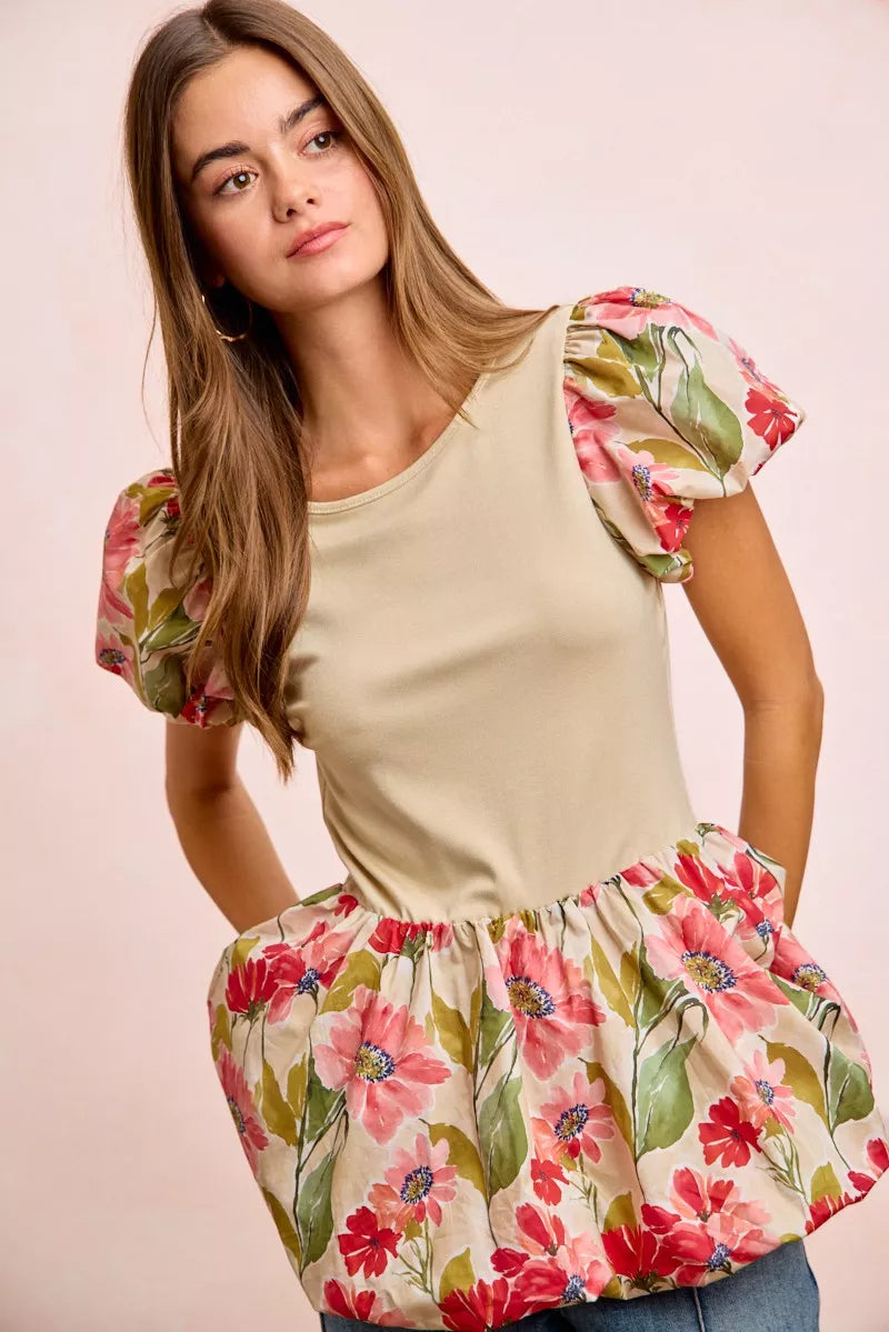 women's bibi floral printed bubble sleeves and hem peplum top - additional image