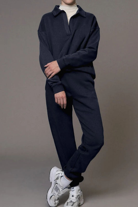 Johnny Collar Long Sleeve Top and Joggers Active Set Dark Navy