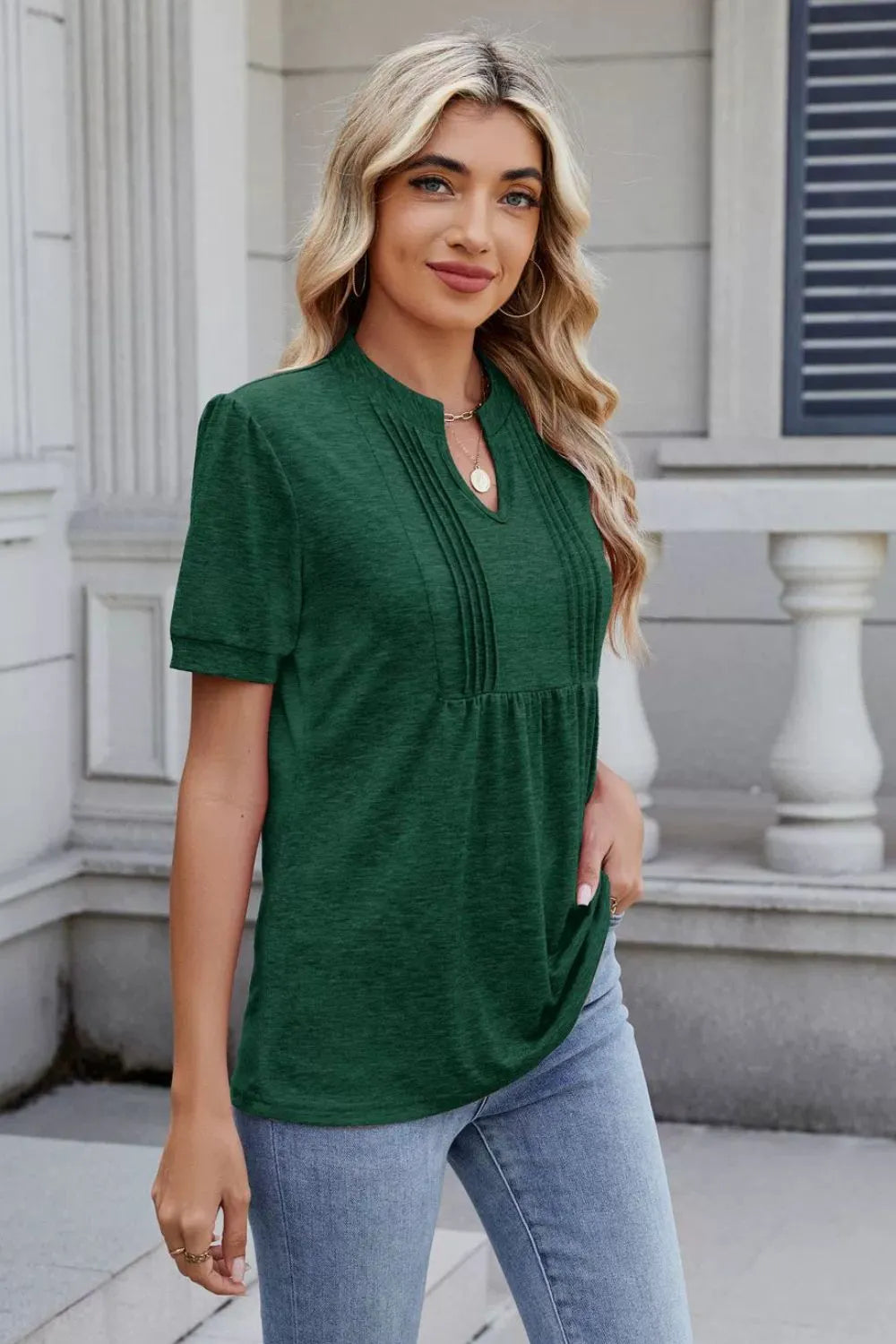Notched Short Sleeve Top Dark Green