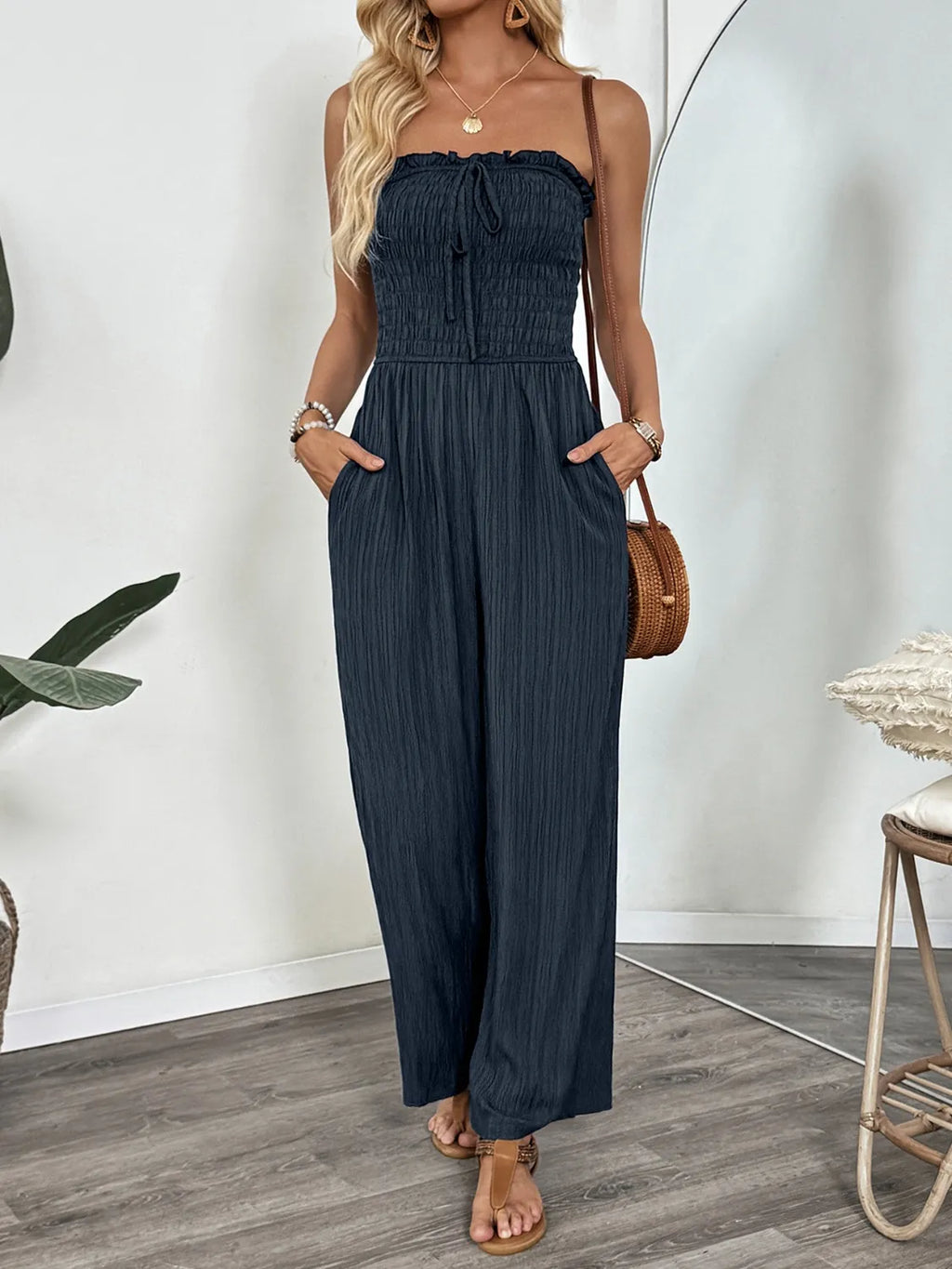 Smocked Tube Wide Leg Jumpsuit Dark Blue