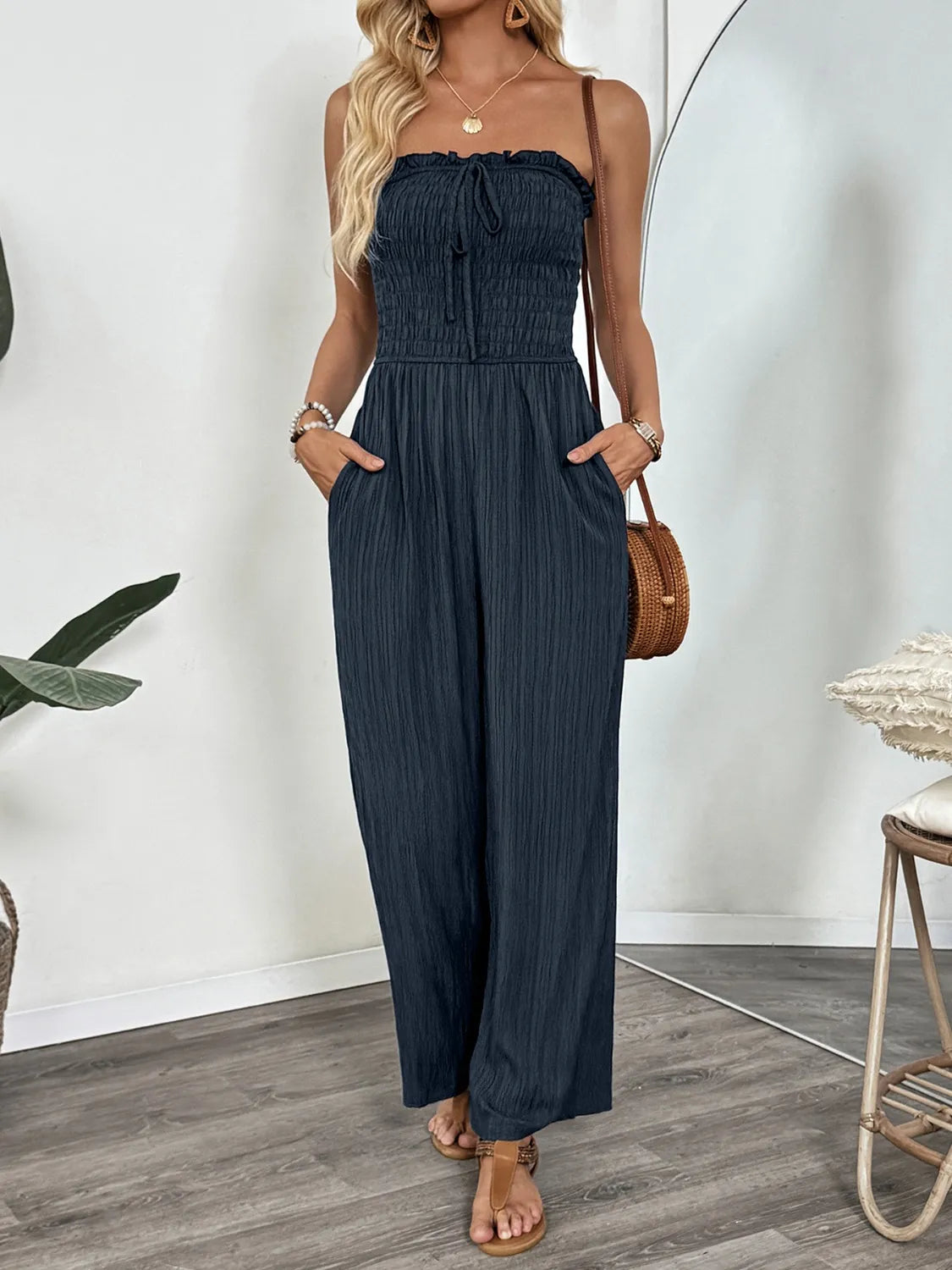 Smocked Tube Wide Leg Jumpsuit Dark Blue