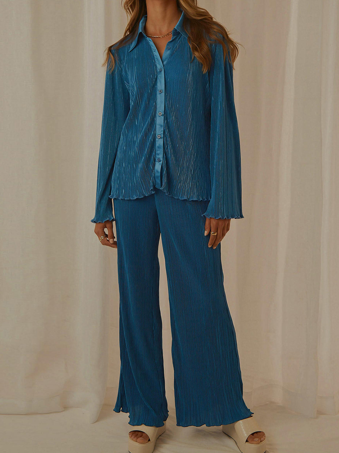 Collared Neck Long Sleeve Top and Pants Lounge Set Peacock Blue