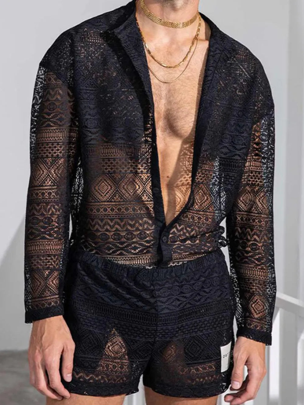 Men's Full Size Lace Button Down Top and Shorts Set Plus Size Black