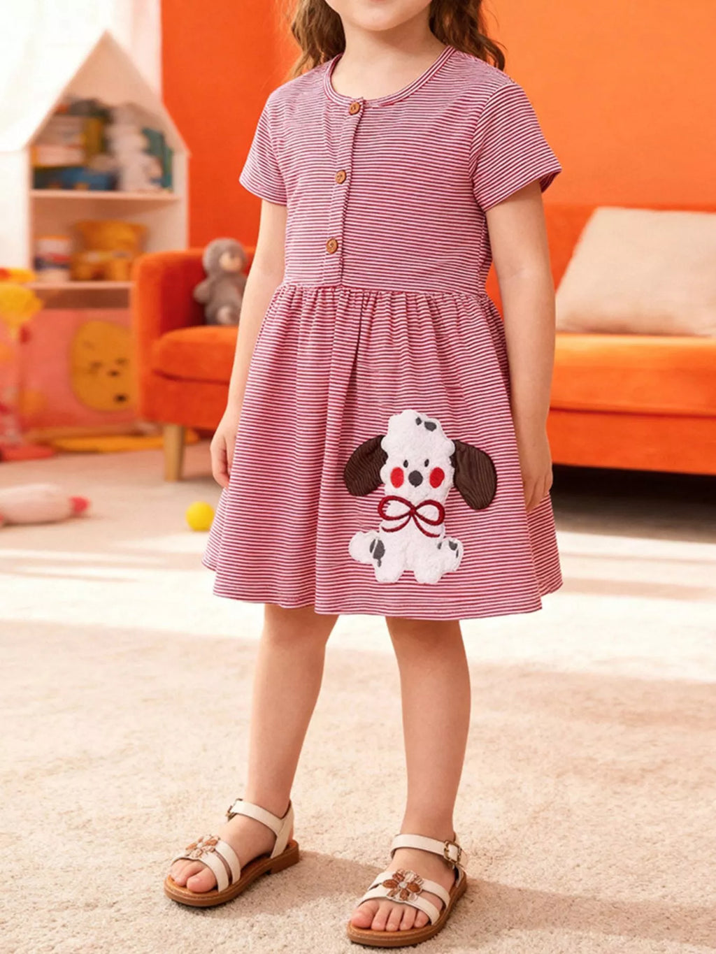 women's children's striped puppy short sleeve casual dress - product showcase