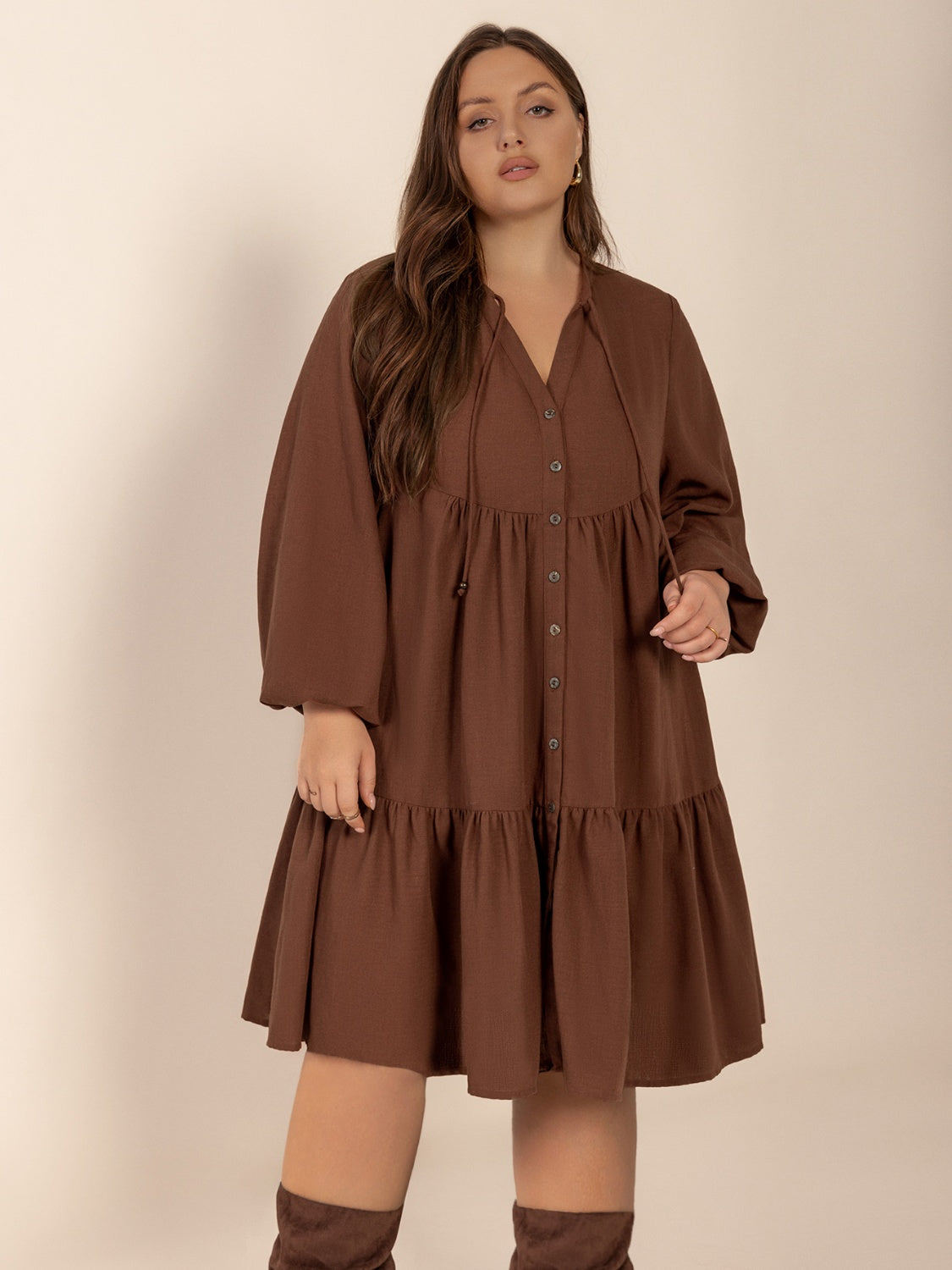 Plus Size Tie Neck Balloon Sleeve Tiered Dress