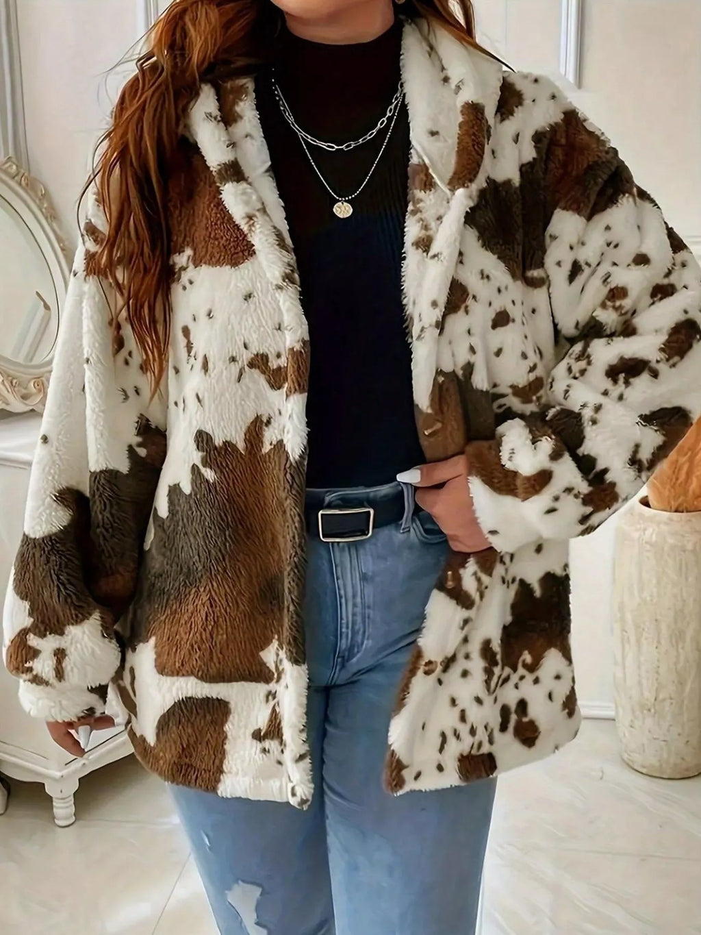 women's cow print plush hooded outerwear - styling option