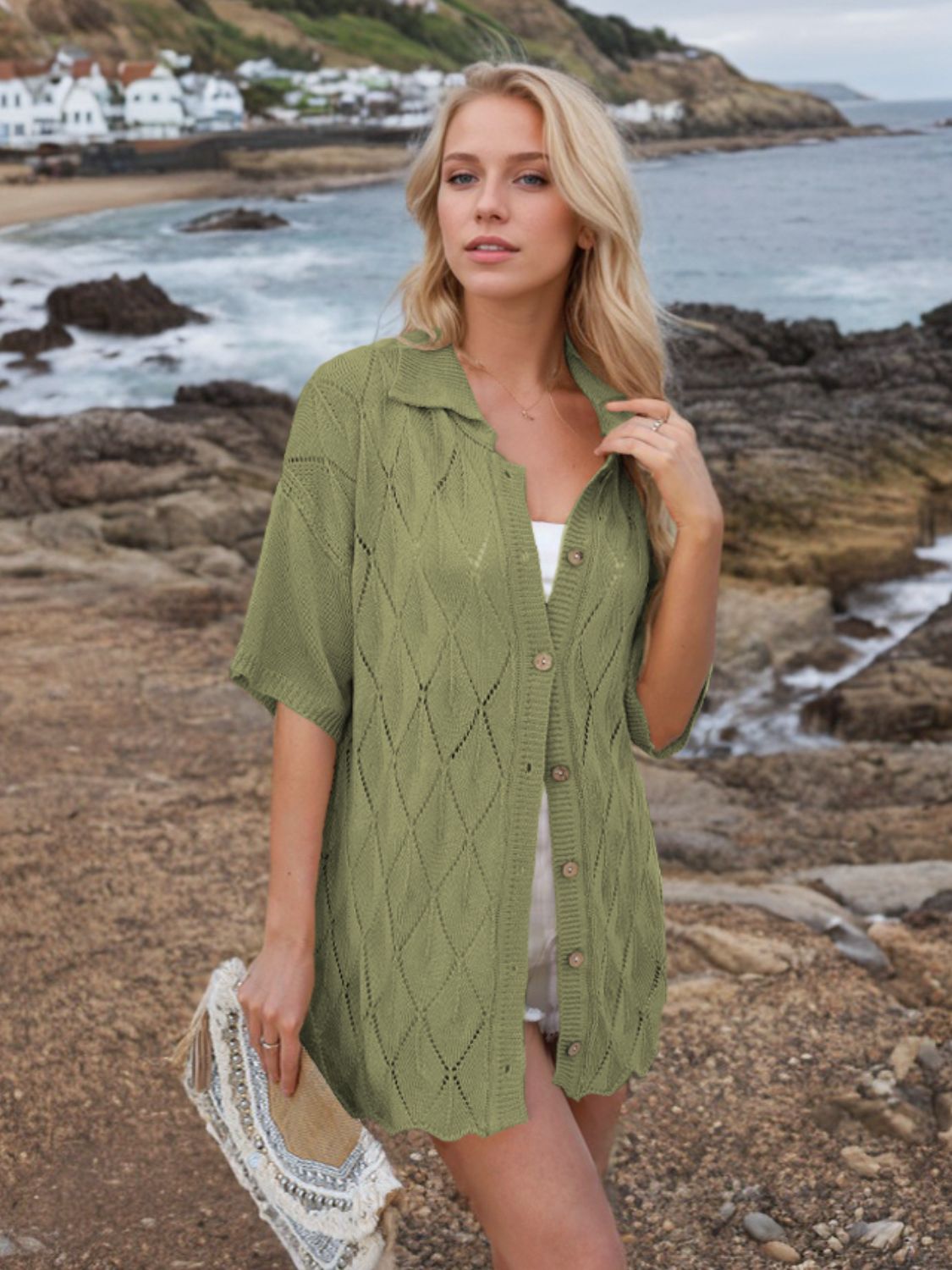 Button Down Eyelet Collared Neck Knit Shirt – Donjane