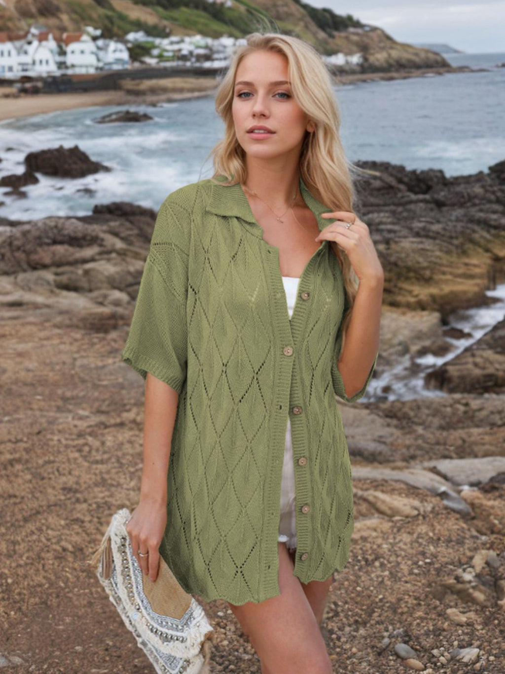Button Down Eyelet Collared Neck Knit Shirt – Donjane
