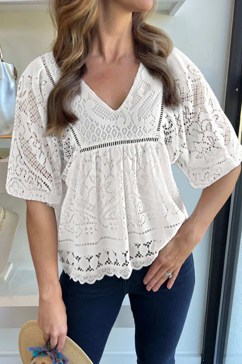 Lace Crochet Hollowed Scallop Hem V Neck Blouse White