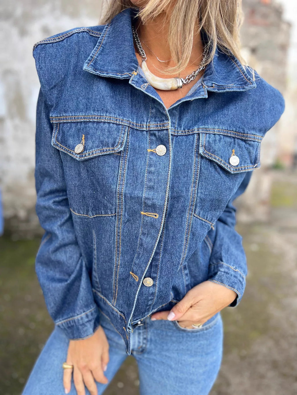 women's plus size button up chest pockets denim jacket - styled view