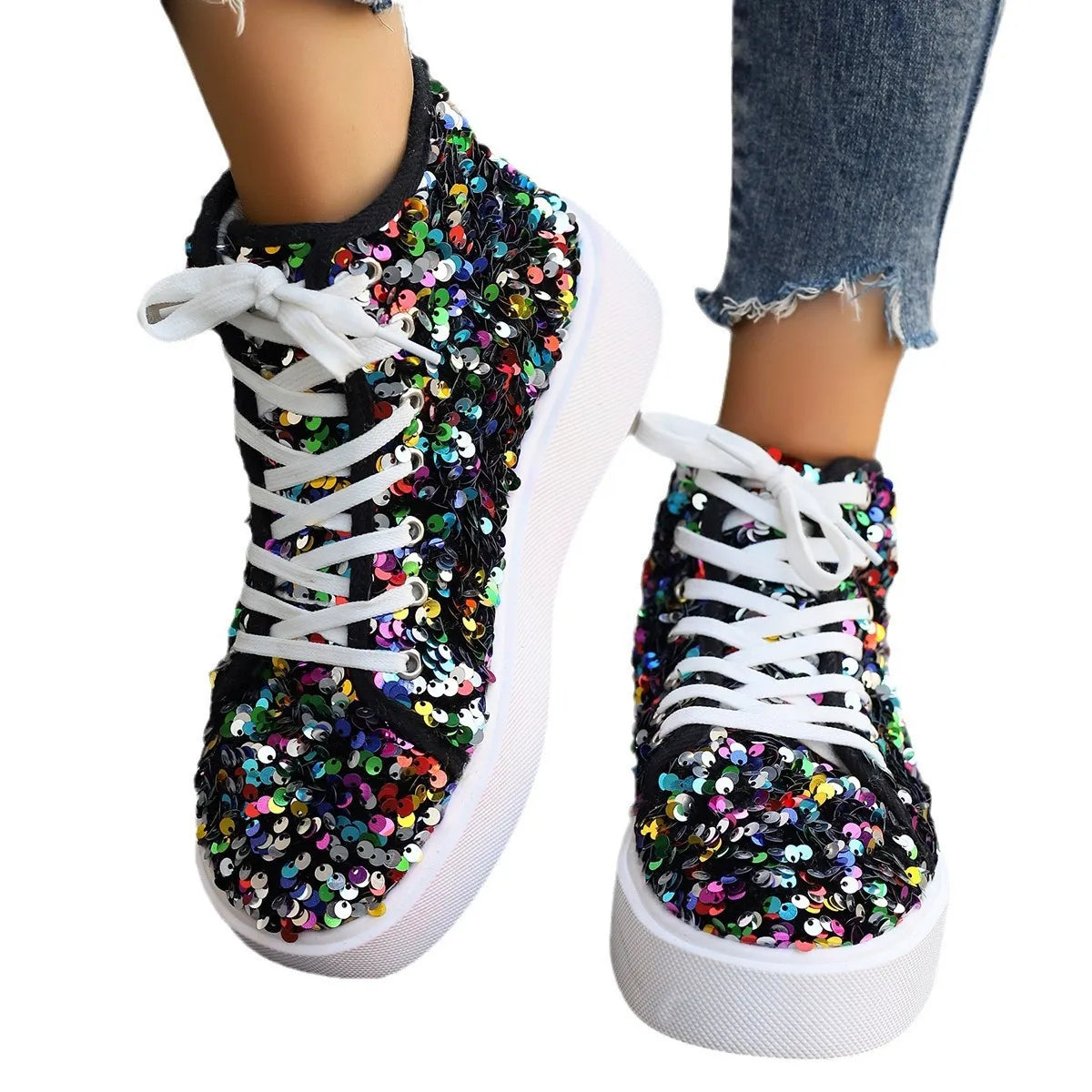 women's sequin round toe platform sneakers - styling option