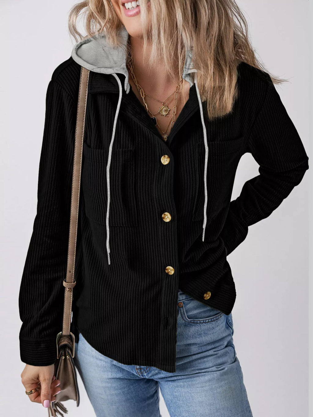 women's hooded corduroy button-down jacket - styling option