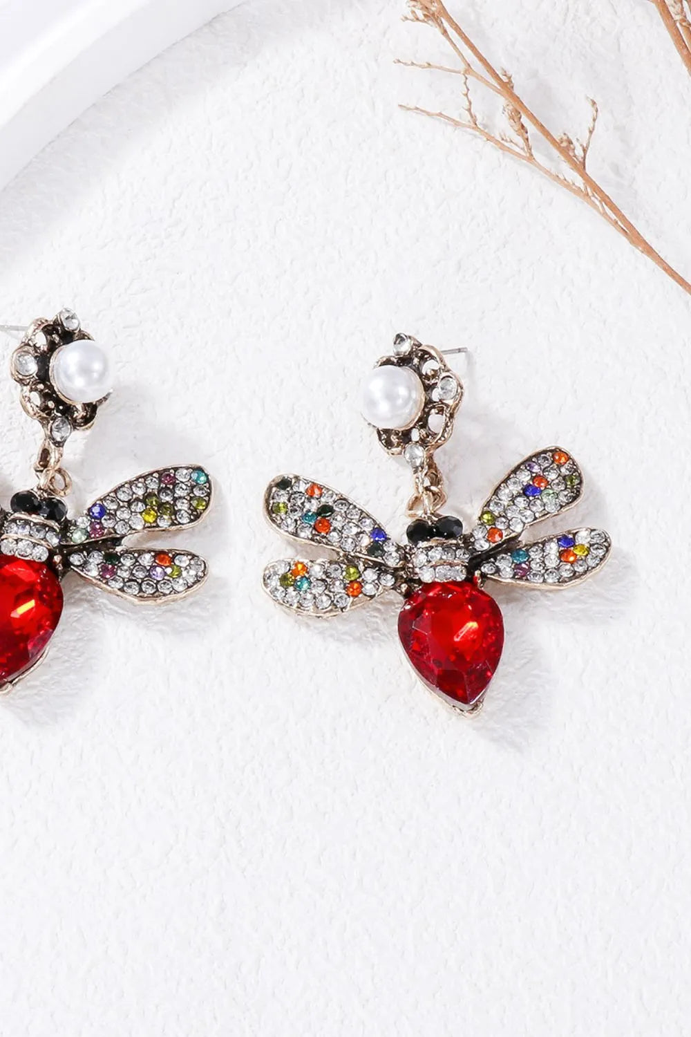 Natural Stone Bee Dangle Earrings Red One Size