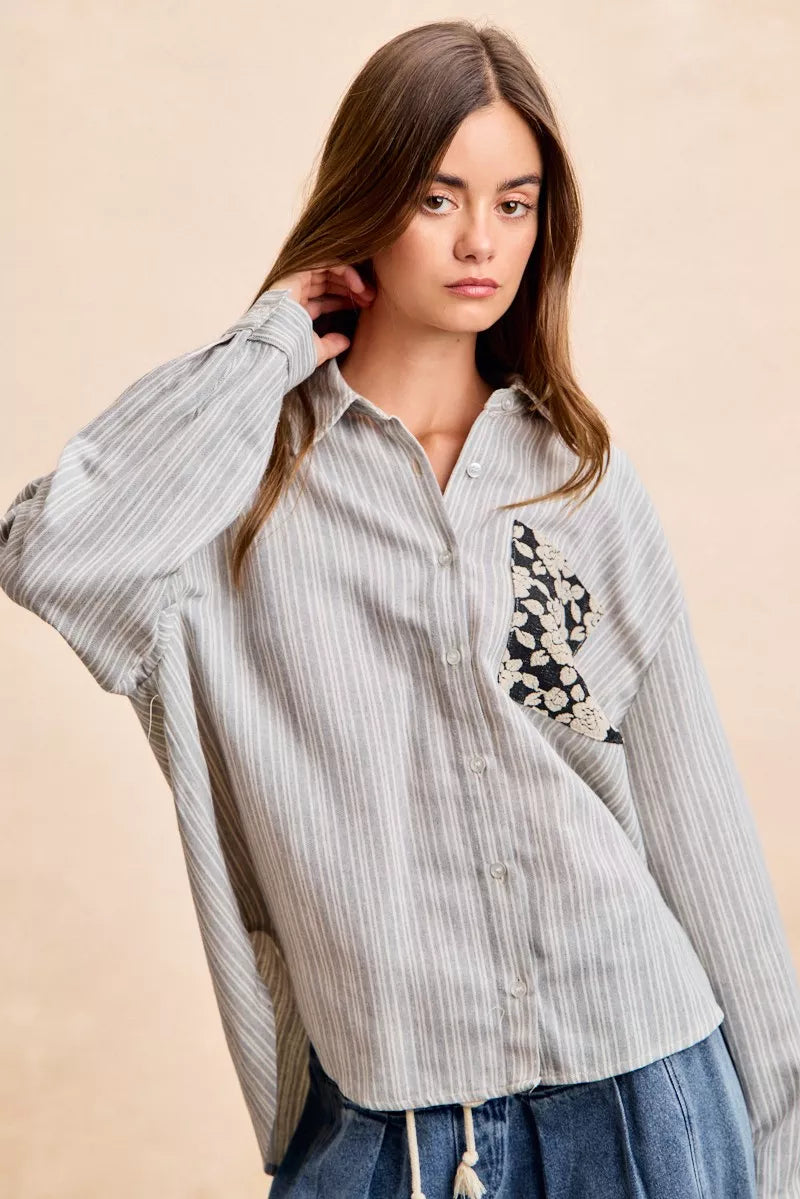 women's bibi flower jacquard knit patch pocket stripe shirt - additional image