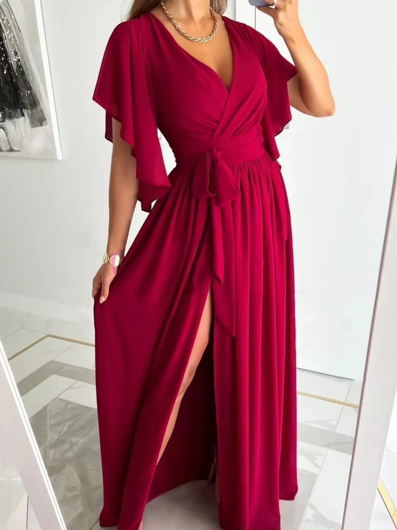Flutter Sleeve Surplice Tie Waist Dress Red