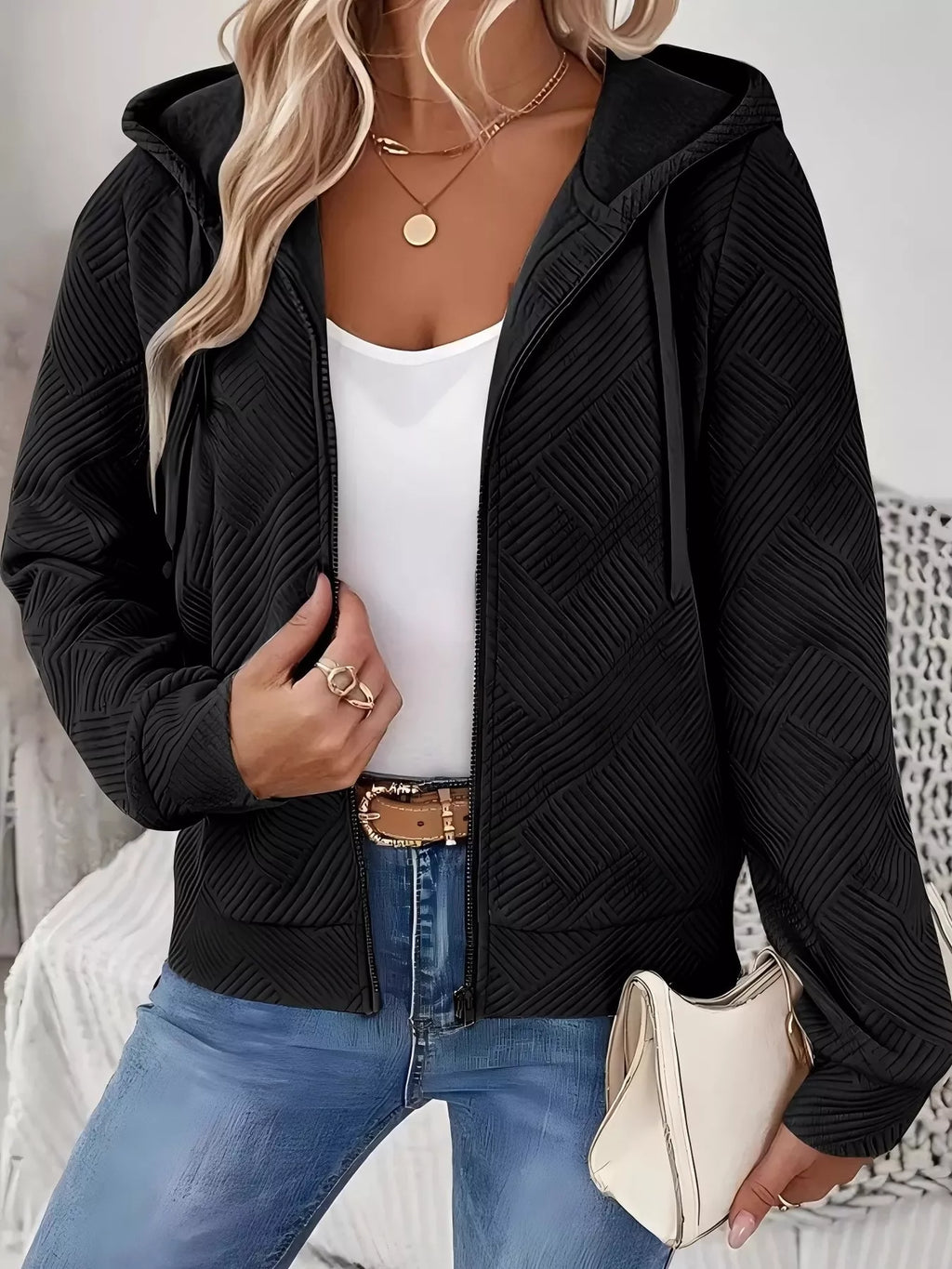 women's textured zip-up hooded jacket - main product image