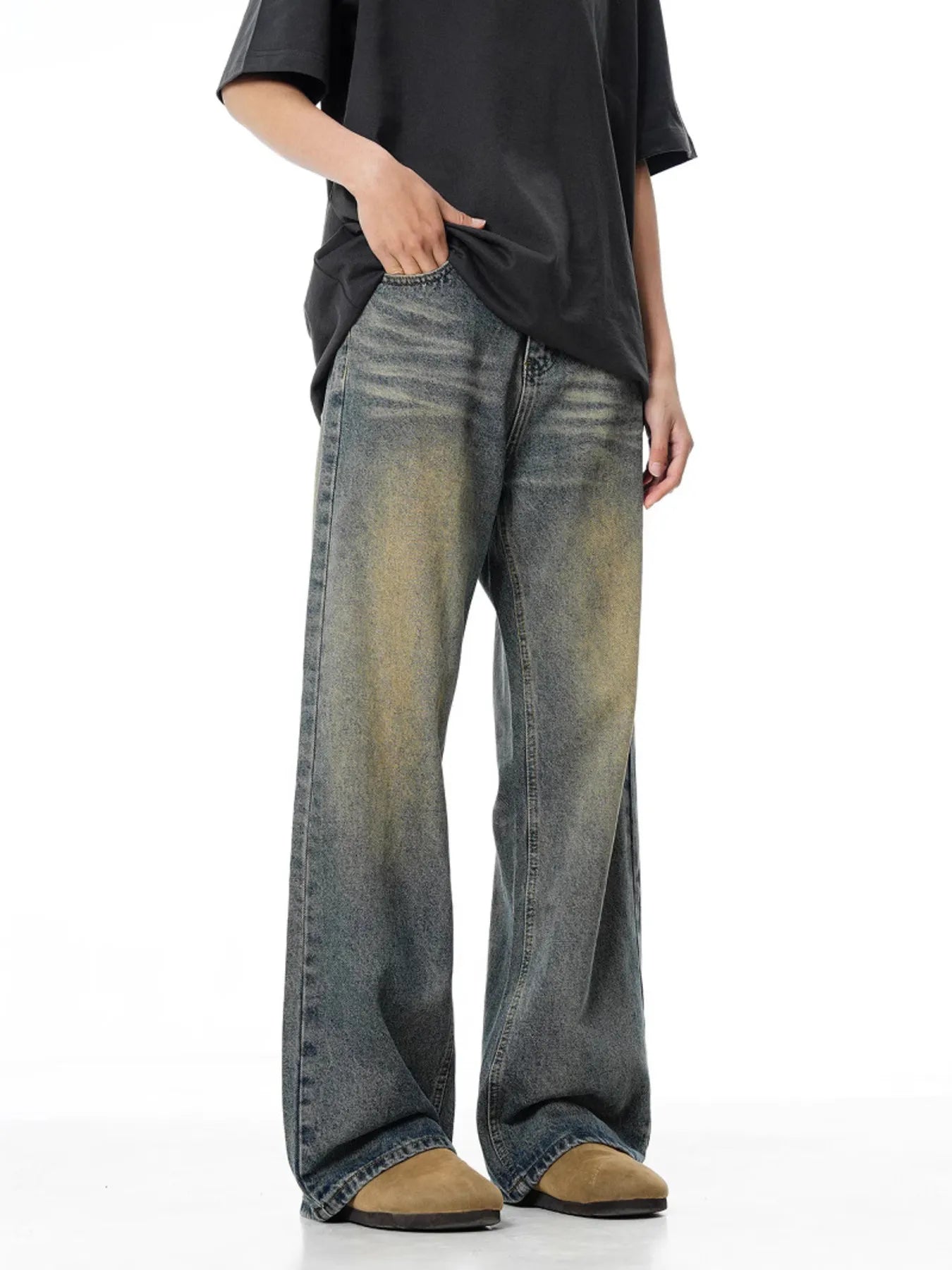 men's men's full size vintage wash wide leg jeans plus size - second view