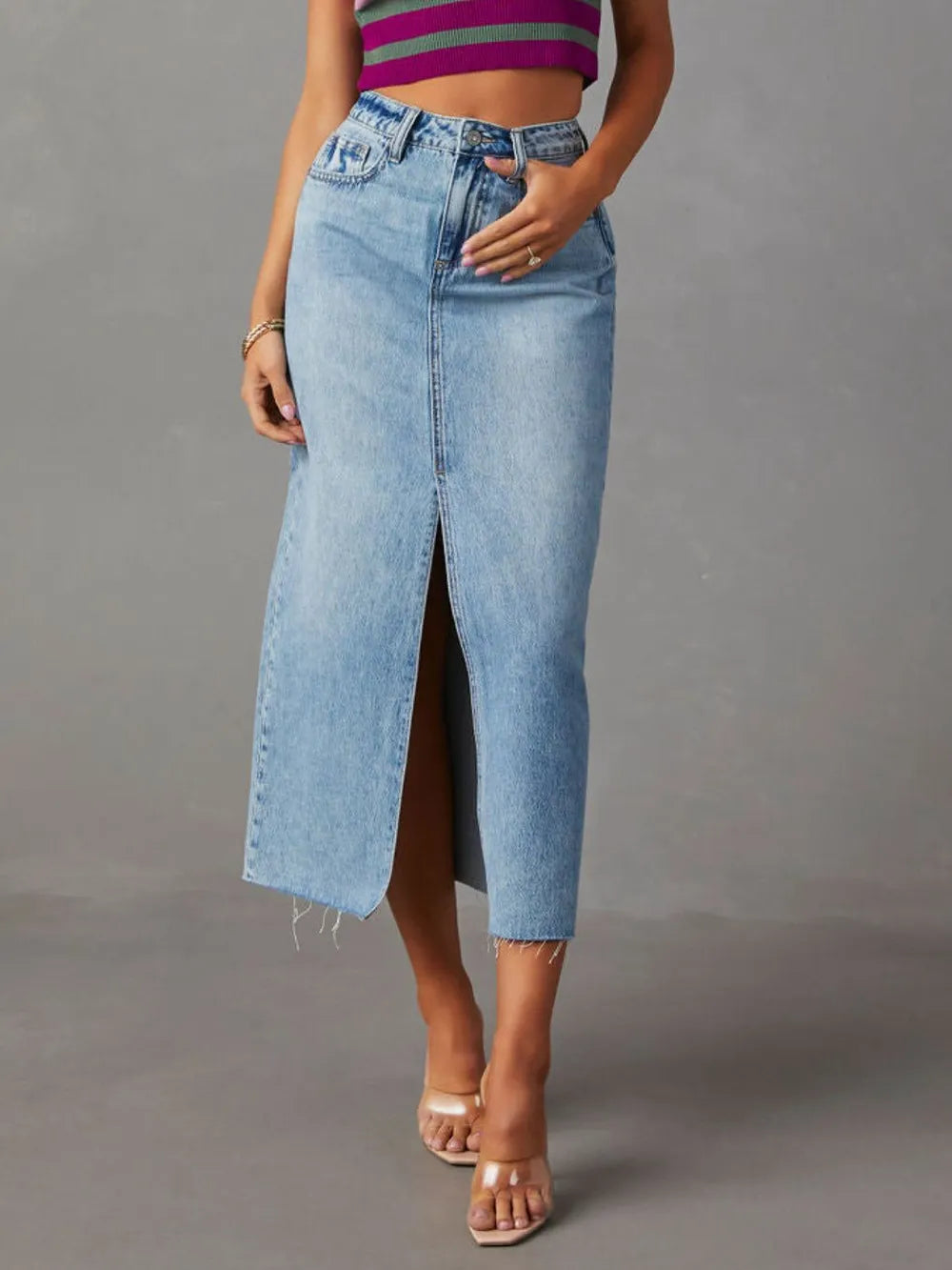 Raw Hem Front Slit Denim Midi Skirt Light