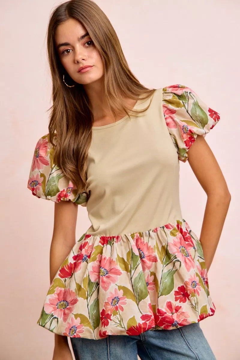 women's bibi floral printed bubble sleeves and hem peplum top - extra view