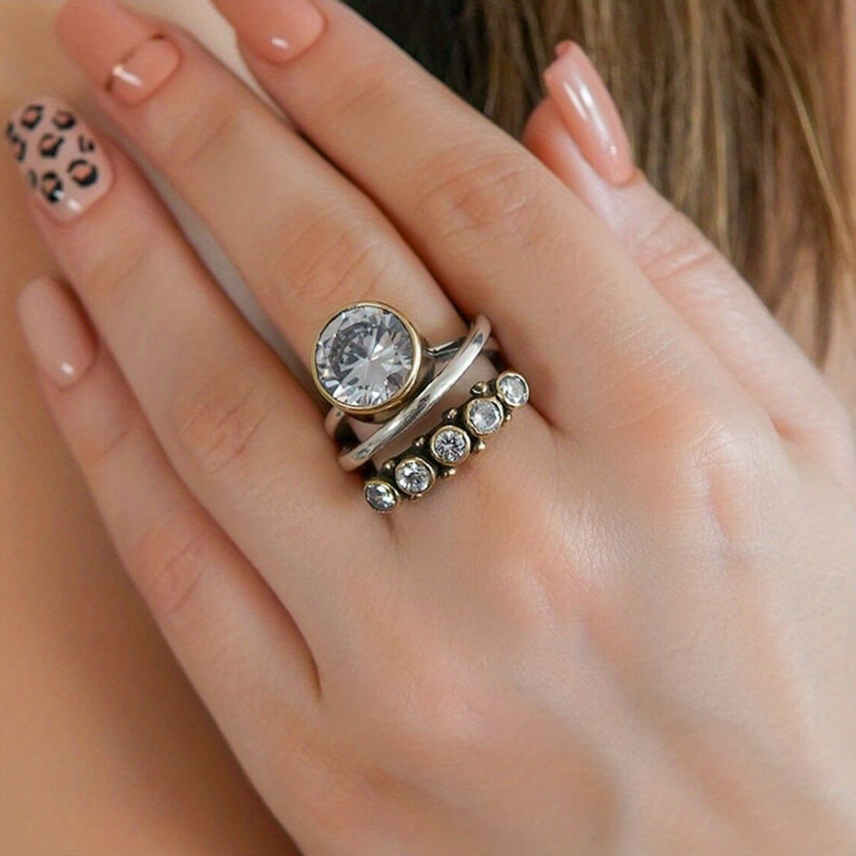 Alloy Three-Layered Open Ring Rhinestone One Size