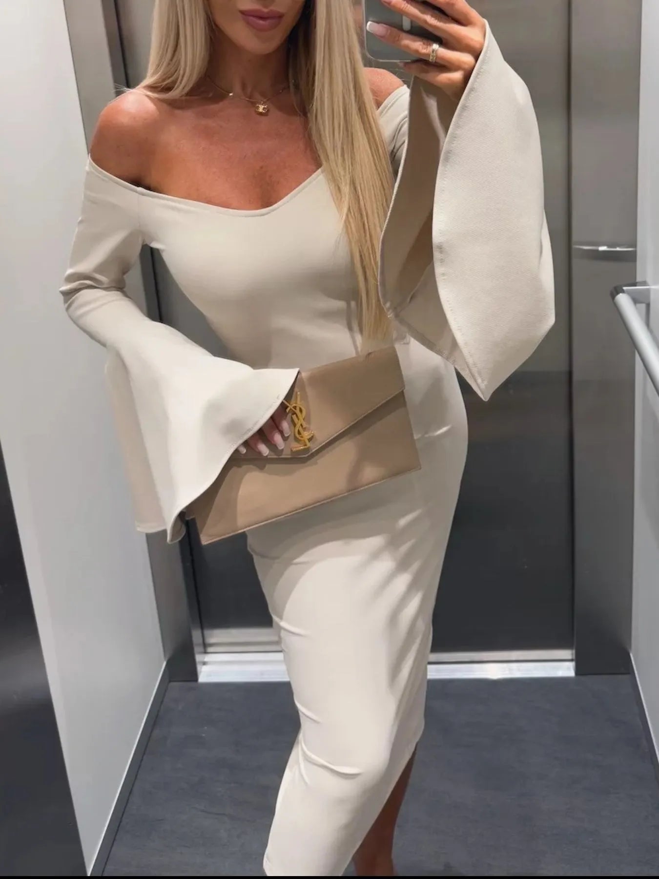 Off-Shoulder Bell Sleeve Bodycon Midi Dress – Donjane