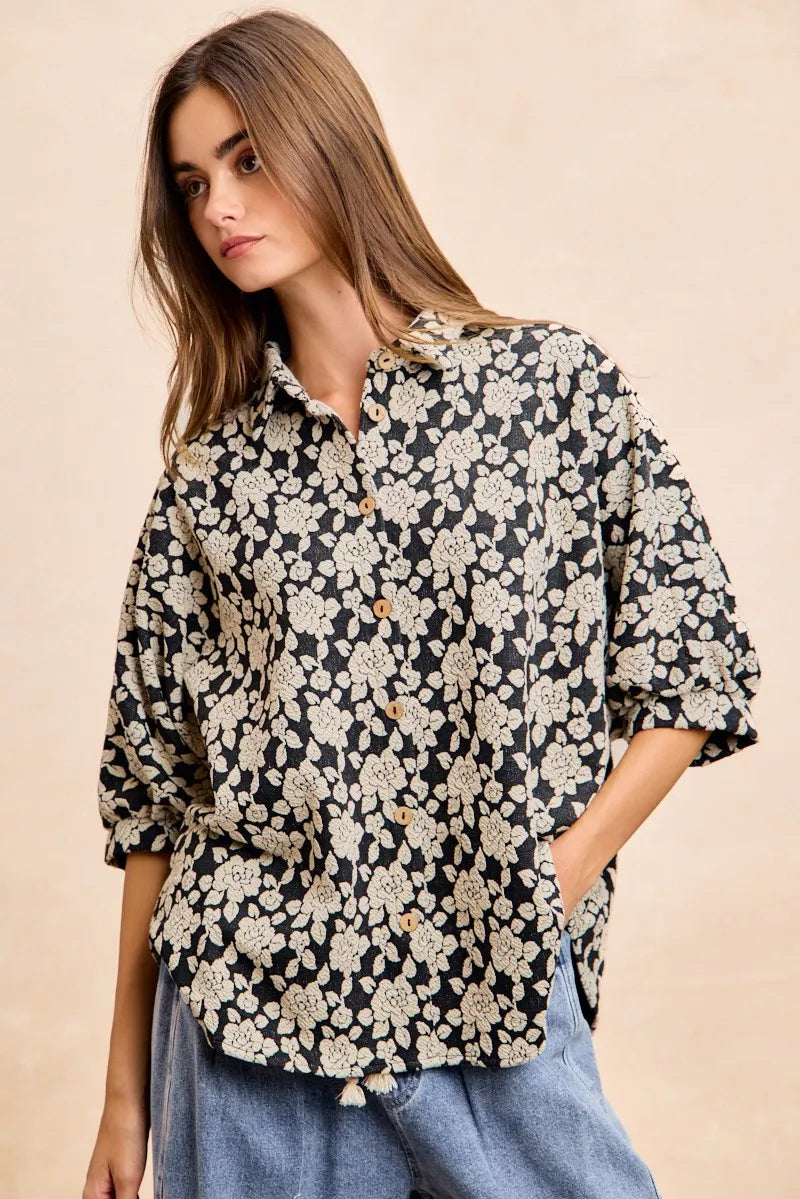 women's bibi floral jacquard short dolman sleeves shirt - back view