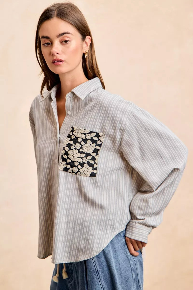 women's bibi flower jacquard knit patch pocket stripe shirt - product detail